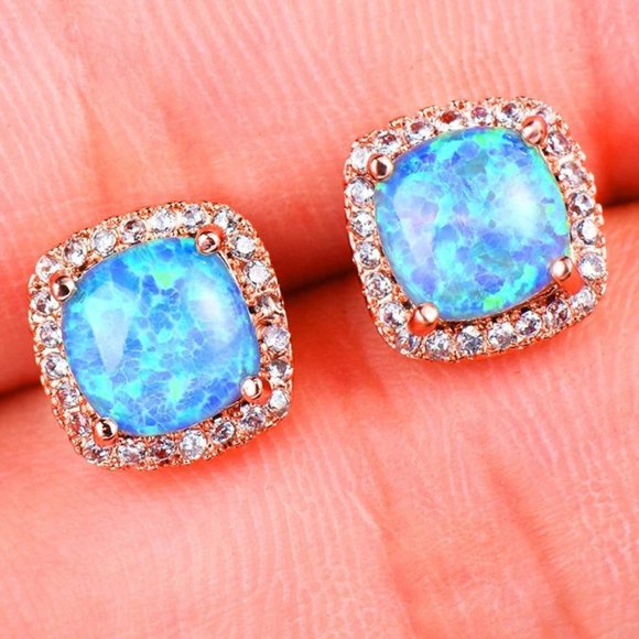 *18K Rose Gold Blue Opal Diamond Halo Earrings - Picture 3 of 6